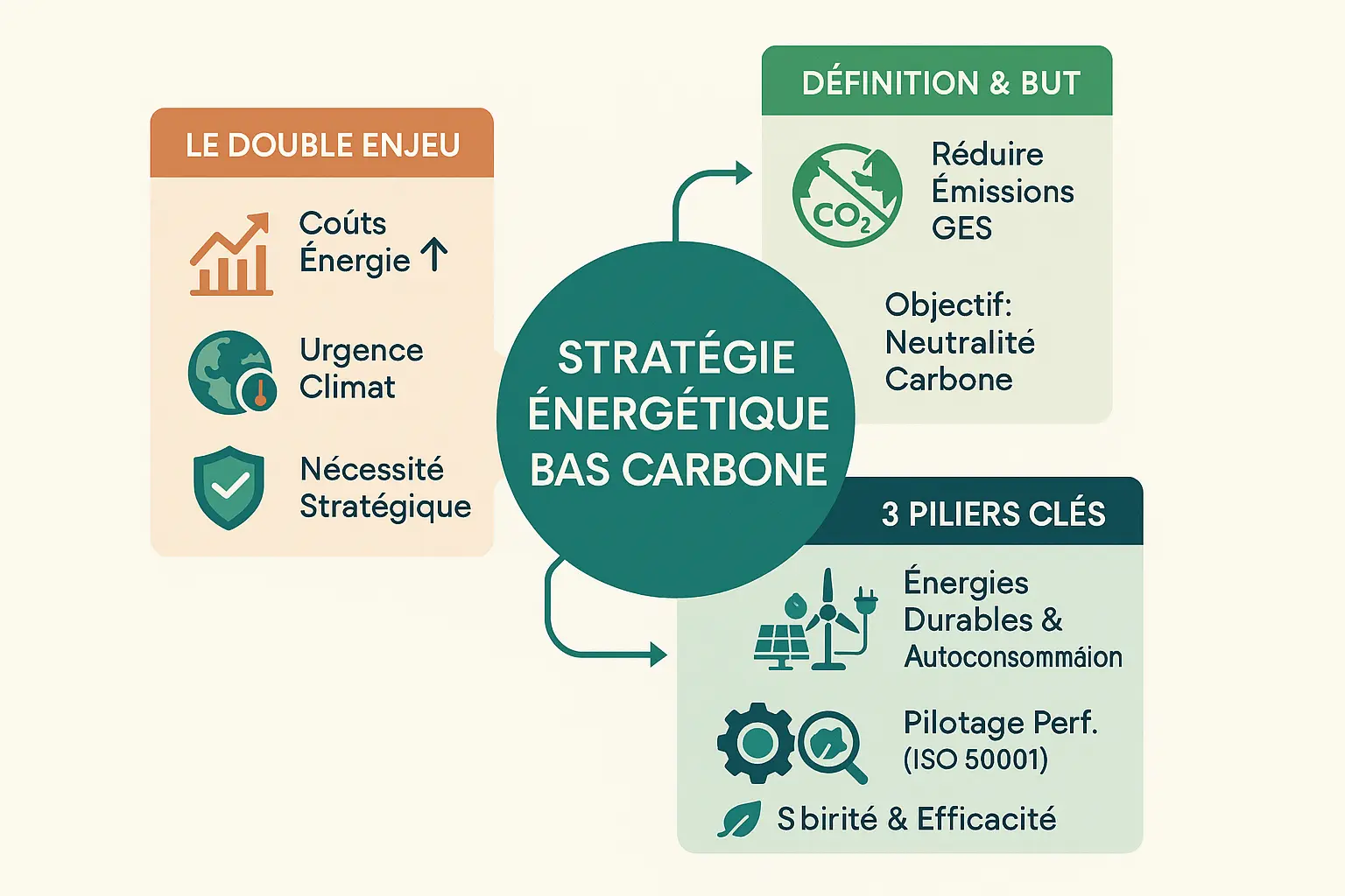 Infographie sur les piliers d'une stratégie énergétique bas carbone : énergies renouvelables, autoconsommation et certification ISO 50001