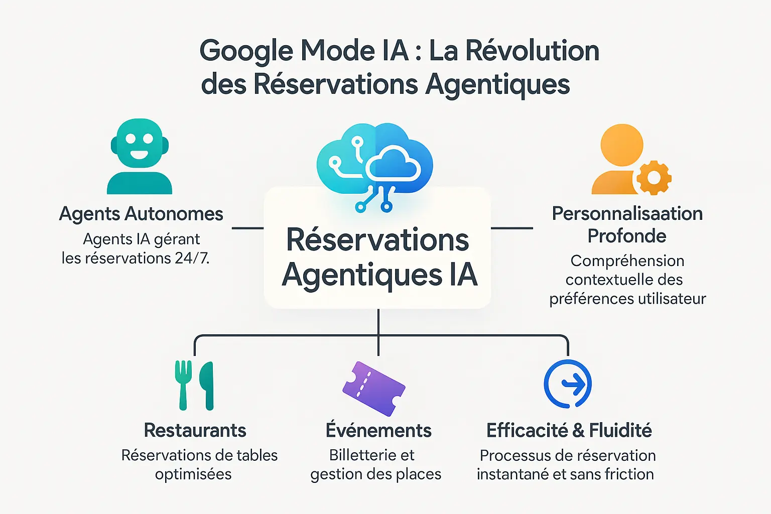Illustration représentant un assistant IA gérant des réservations de restaurants, concerts et soins de bien-être