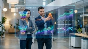Deux pros analysent des données B2B sur un écran holographique: entonnoirs de vente, graphiques de performance et ajustements IA.