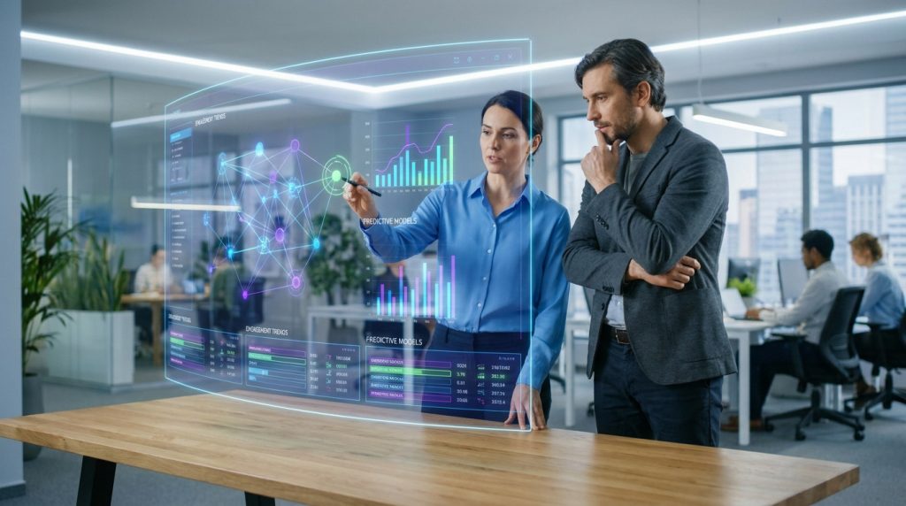 Deux professionnels interagissent avec un écran holographique affichant des données d'analyse et des modèles prédictifs IA en bureau.