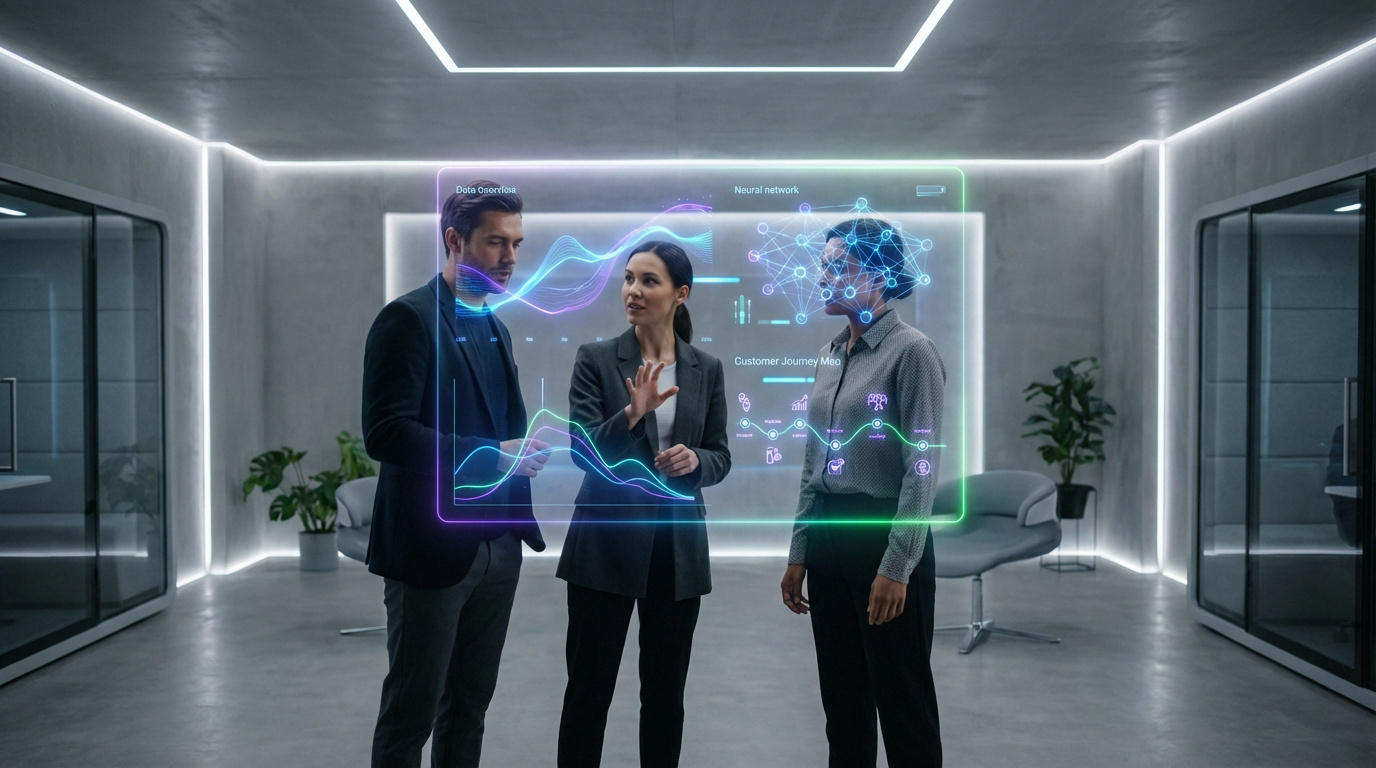 Trois professionnels analysent des données marketing B2B via une interface holographique futuriste, montrant graphiques, réseau neuronal et parcours client.