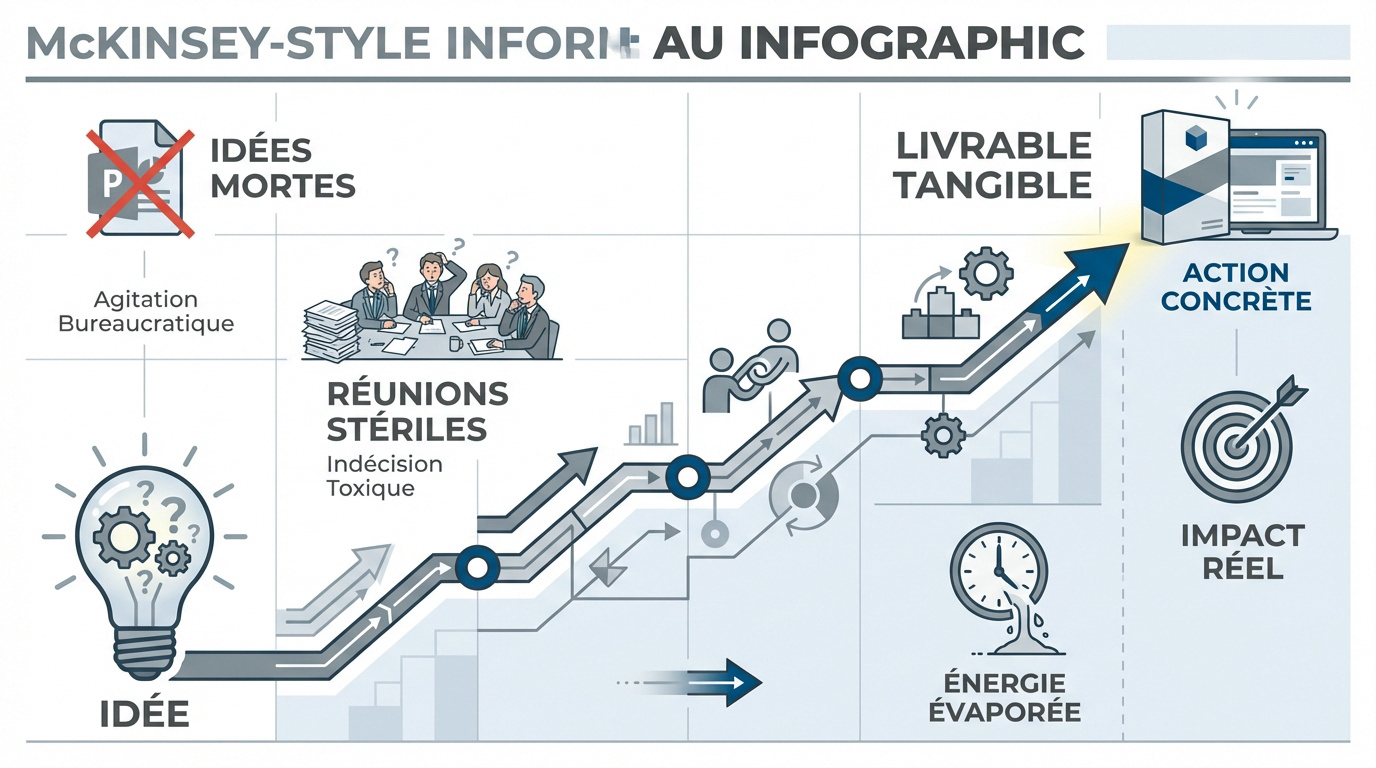 Schéma illustrant le passage de l'idée conceptuelle au livrable concret pour un impact maximal