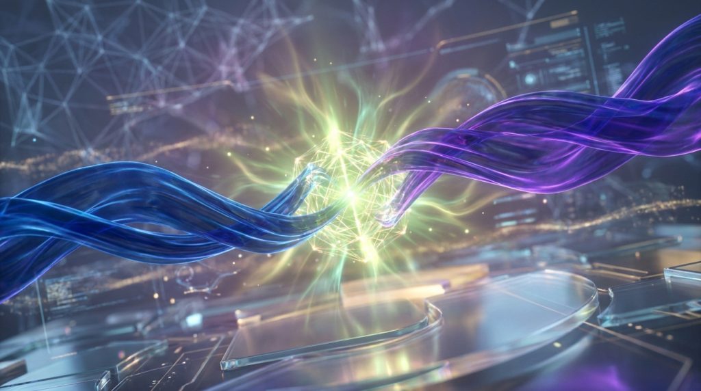 Représentation abstraite de l'énergie et la connectivité: flux bleu et violet, sphère lumineuse au centre, fond tech.