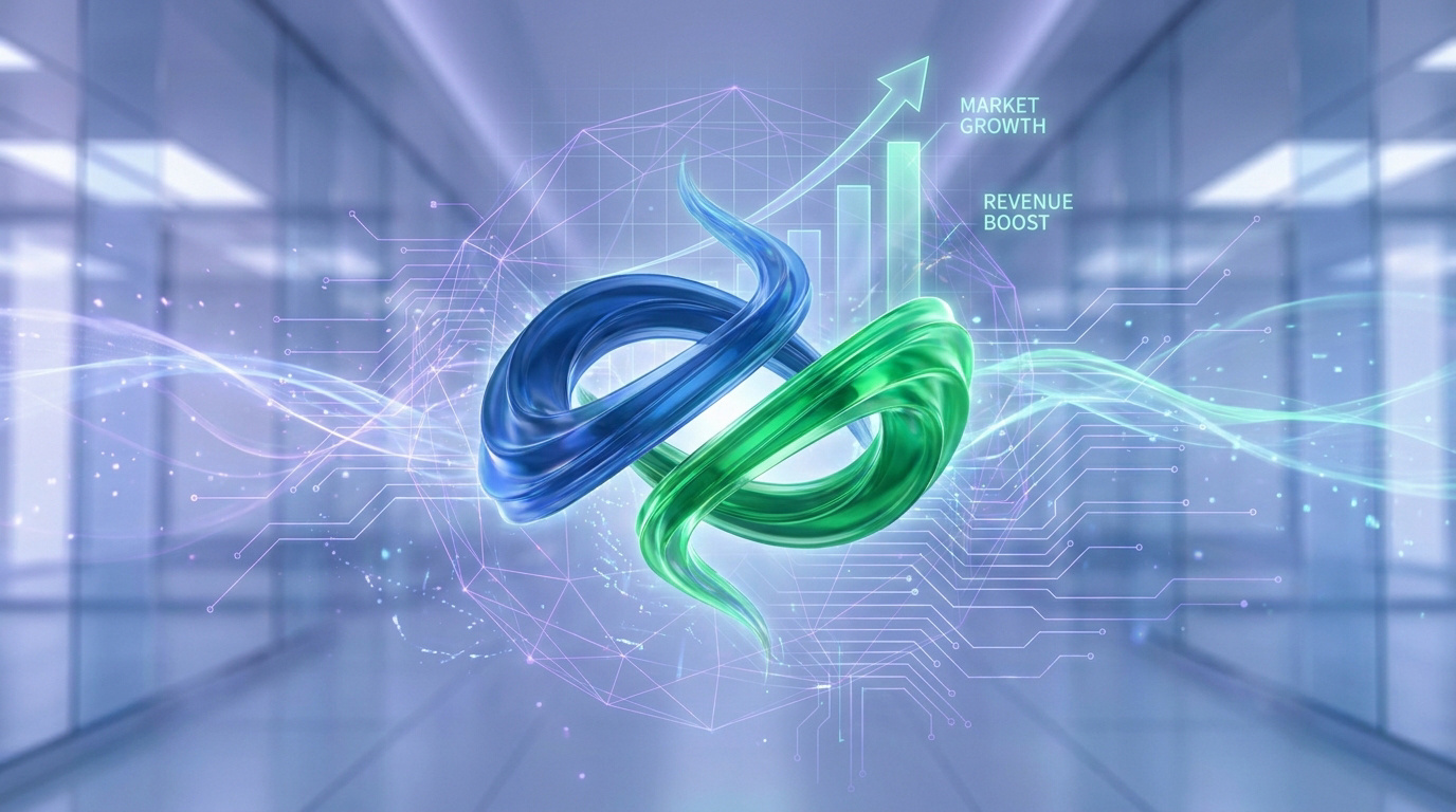 Image numérique abstraite avec formes bleues et vertes entrelacées, sur fond technologique flou. Graphique de croissance et texte : 'Market Growth', 'Revenue Boost'.