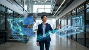 Femme dirigeante interagit avec des hologrammes de plans, de modélisation 3D et de graphiques de croissance dans un bureau moderne.