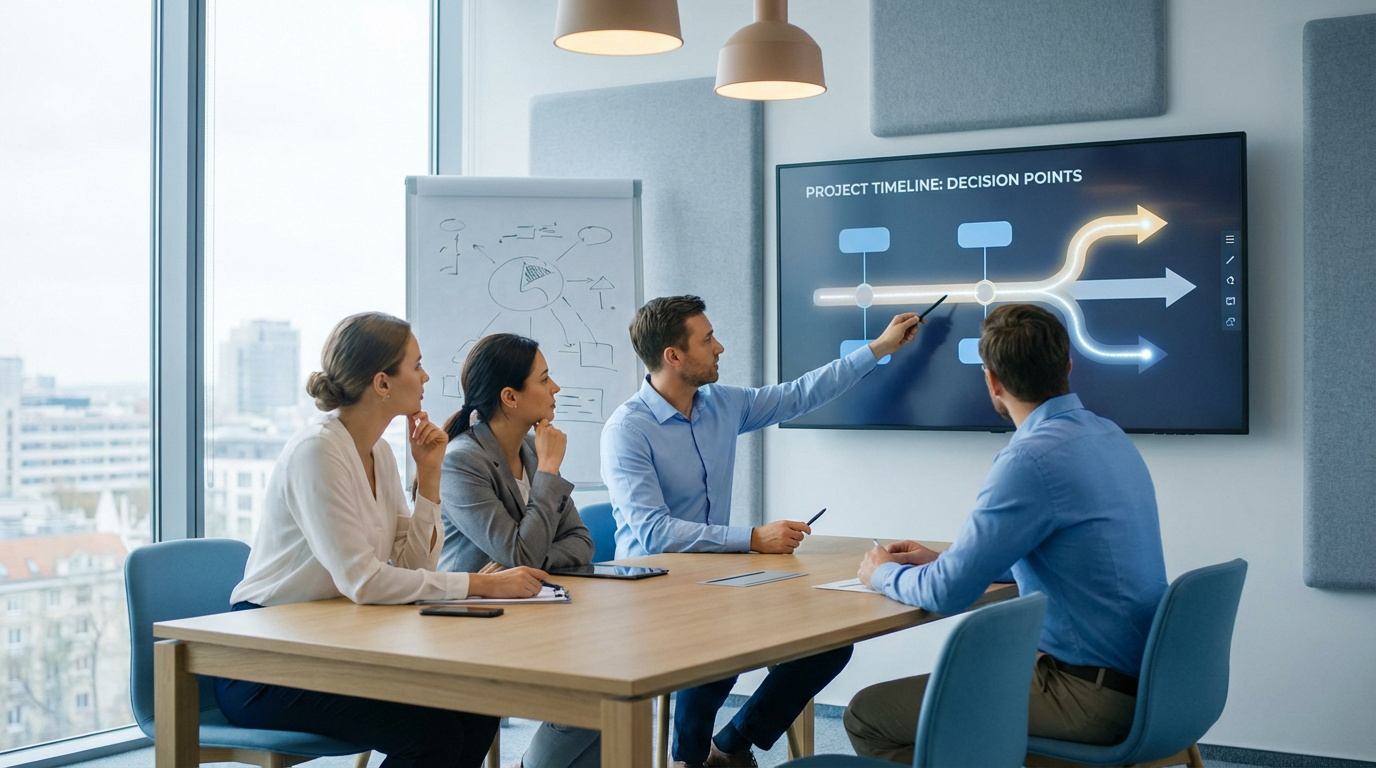 Quatre professionnels en réunion discutant de points de décision d'un projet, un homme désignant l'écran.
