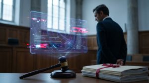 Un maillet de juge posé à côté de dossiers, avec un écran holographique affichant des données numériques complexes.