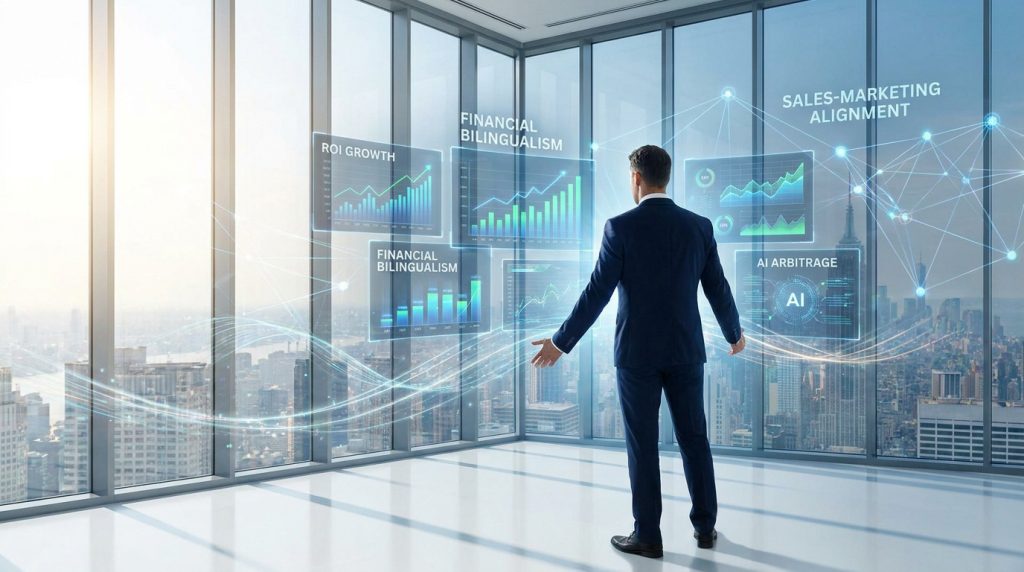 Un directeur marketing en costume face à des graphiques digitaux flottants dans un bureau moderne avec vue sur la ville.