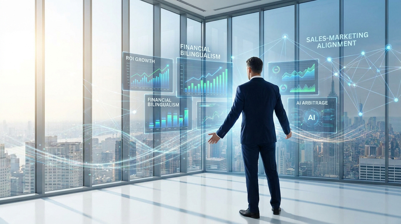 Un directeur marketing en costume face à des graphiques digitaux flottants dans un bureau moderne avec vue sur la ville.