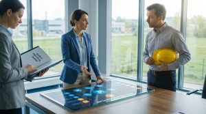 Professionnels en réunion examinant un plan de prévention des risques sur une table interactive lumineuse.
