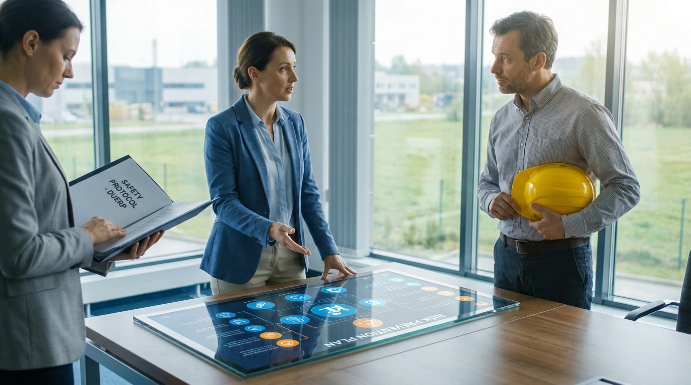 Professionnels en réunion examinant un plan de prévention des risques sur une table interactive lumineuse.