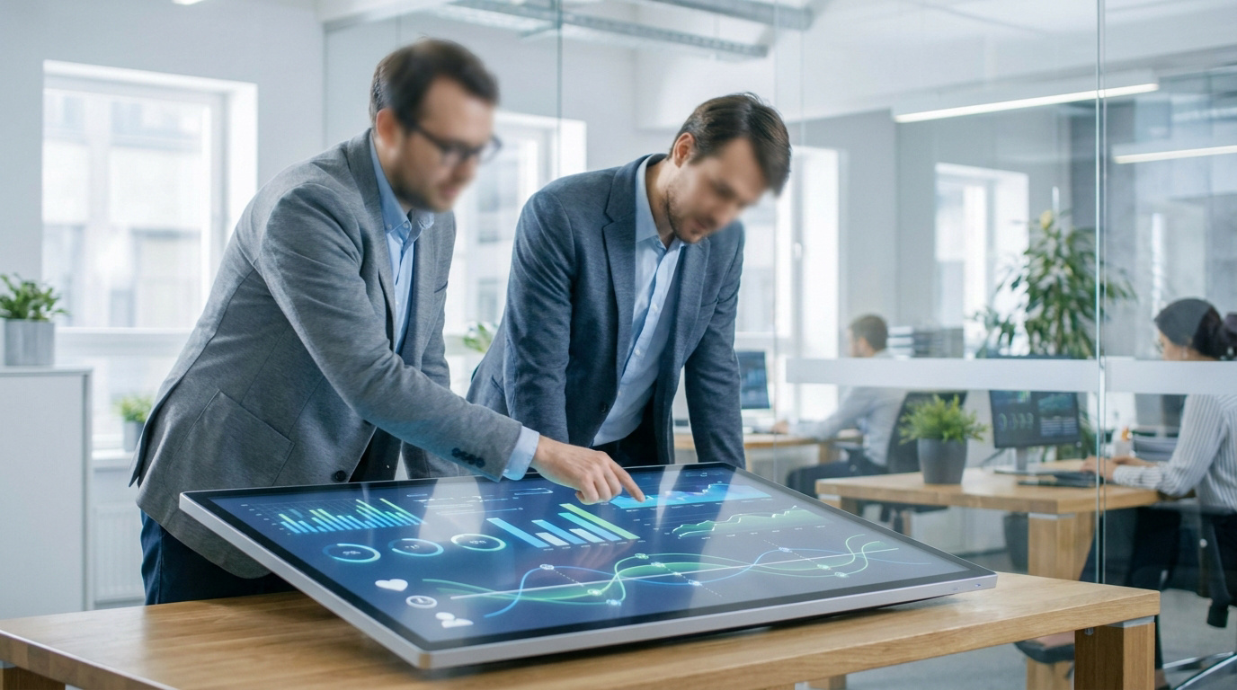 Deux hommes analysent des données de santé sur un écran tactile dans un bureau moderne.
