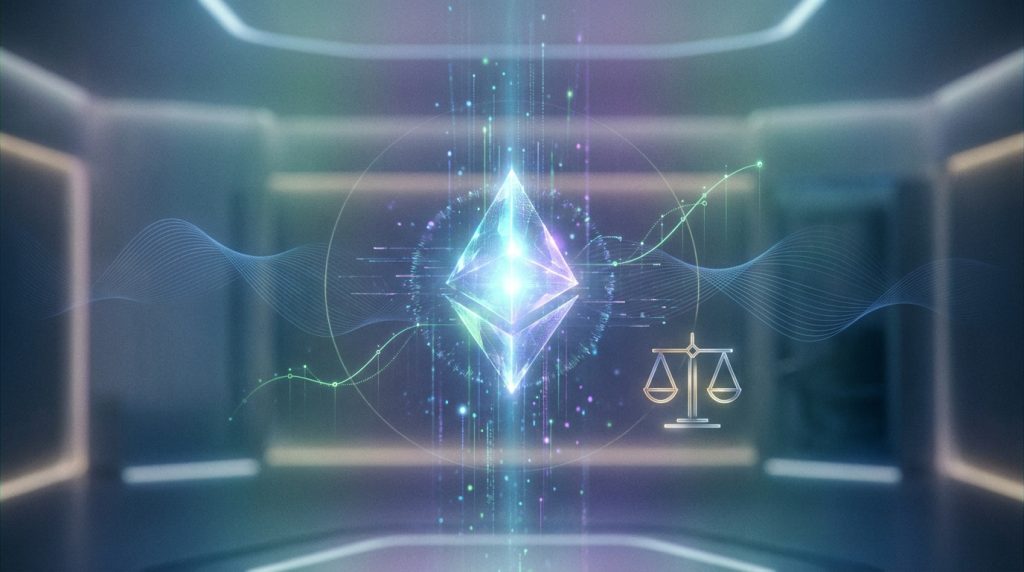 Logo Ethereum holographique et icône de balance de justice dans un environnement technologique abstrait et futuriste.