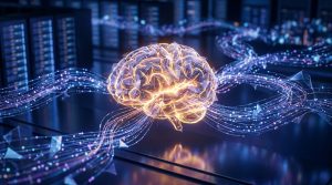 Cerveau numérique lumineux connecté à des flux de données dans un centre de serveurs informatiques.