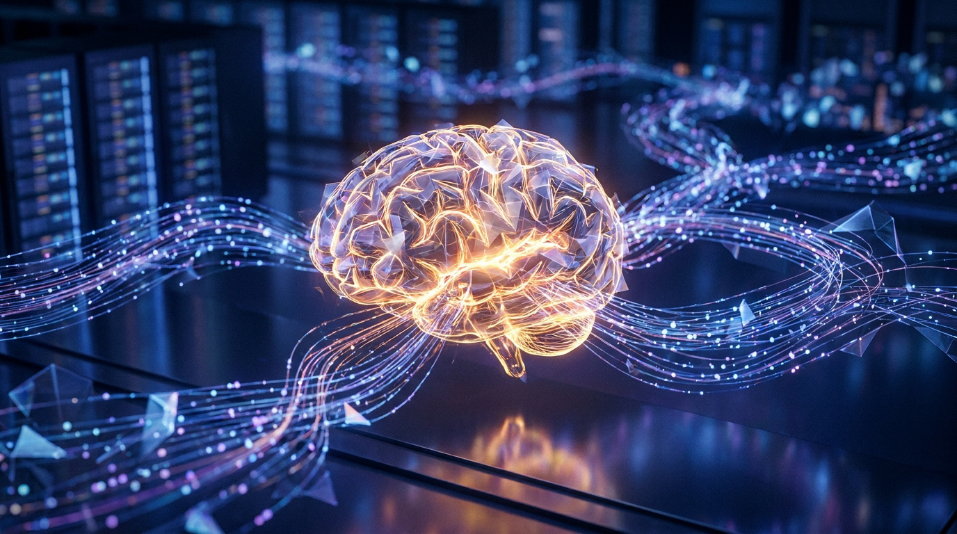 Cerveau numérique lumineux connecté à des flux de données dans un centre de serveurs informatiques.