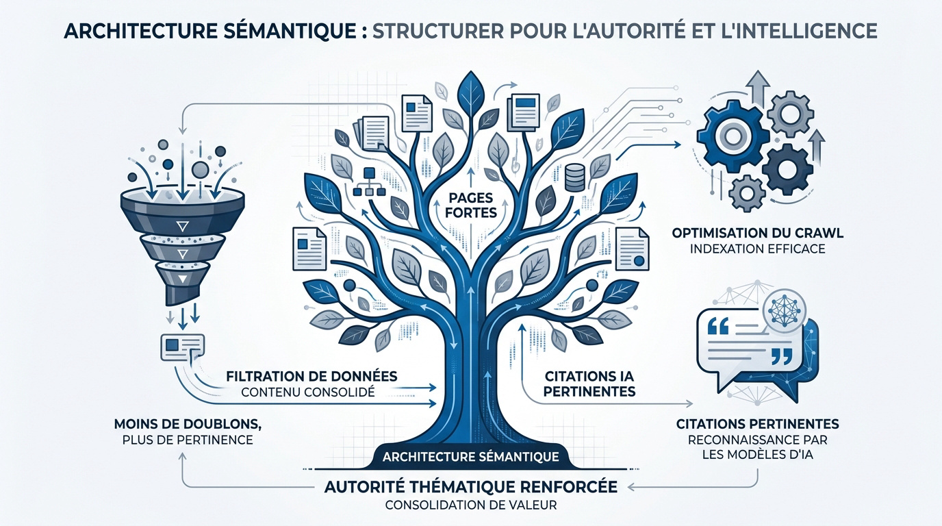 Infographie illustrant l'architecture sémantique et la consolidation de l'autorité thématique pour le SEO