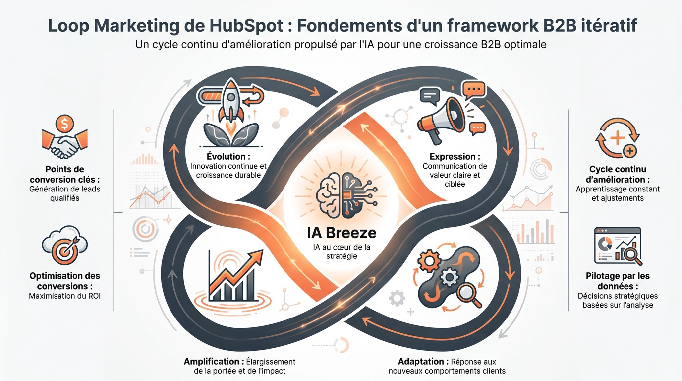Schéma du framework Loop Marketing de HubSpot intégrant l'IA Breeze