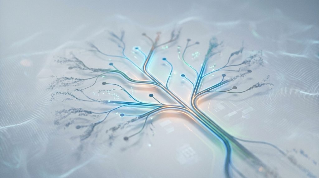 Représentation numérique stylisée d'un arbre formé de circuits électroniques lumineux sur fond abstrait.