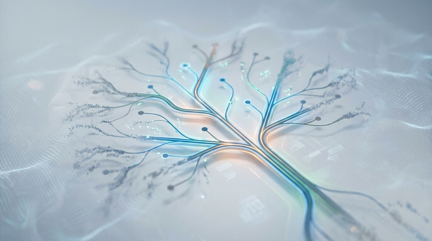 Représentation numérique stylisée d'un arbre formé de circuits électroniques lumineux sur fond abstrait.