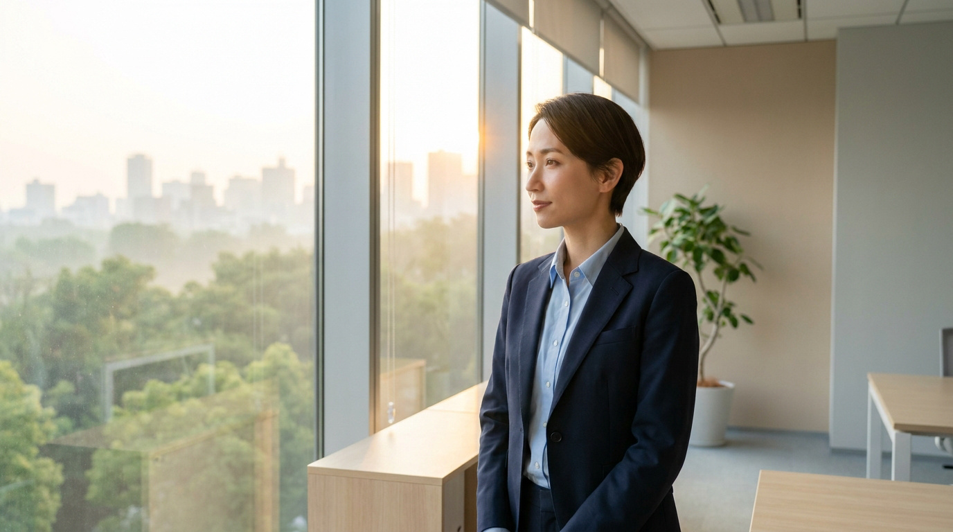Une femme d'affaires regarde par la fenêtre d'un bureau moderne avec vue sur la ville au coucher du soleil.