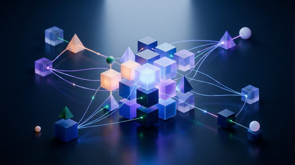 Visualisation 3D de cubes et pyramides interconnectés par des lignes lumineuses sur fond sombre.