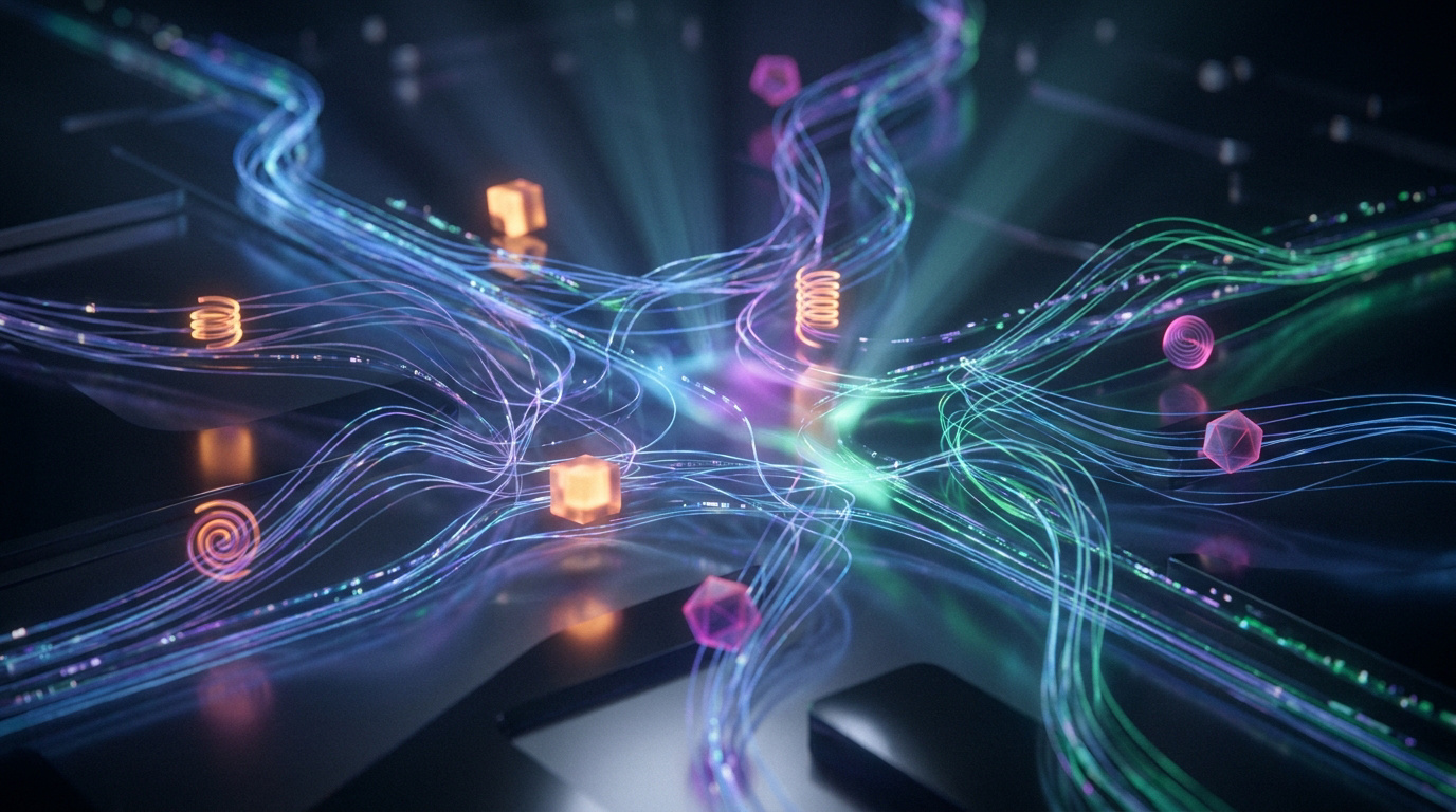 Flux de données lumineux et formes géométriques flottant sur une surface sombre représentant l'intelligence artificielle.