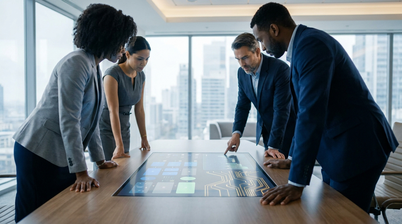 Une équipe diversifiée de professionnels analyse des données sur une table interactive dans un bureau moderne.