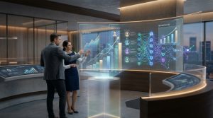 Deux professionnels analysent des données marketing et des graphiques de croissance sur un écran holographique interactif.