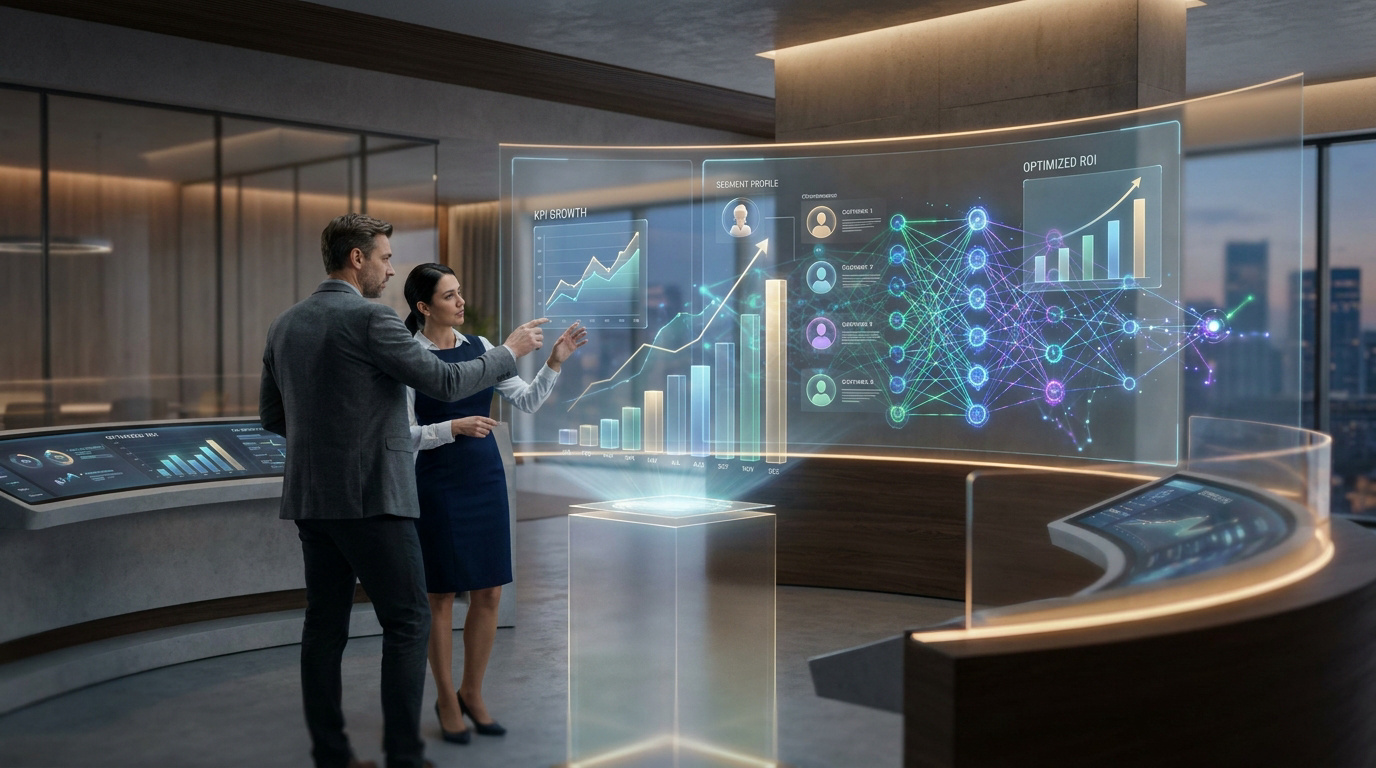 Deux professionnels analysent des données marketing et des graphiques de croissance sur un écran holographique interactif.