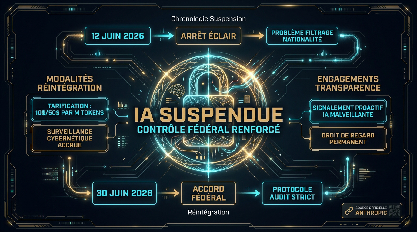 Chronologie de la suspension administrative et du rétablissement des modèles Claude Fable 5 et Mythos 5 par Anthropic en 2026