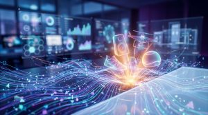 Représentation futuriste de données e-commerce avec des objets en 3D émergeant d'un flux de lumière numérique.