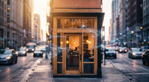 Un café urbain entouré de connexions numériques lumineuses, illustrant le référencement local Google.