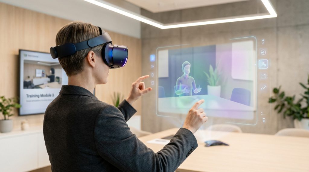 Une personne porte un casque de réalité virtuelle et interagit avec une interface holographique d'avatar IA au bureau.