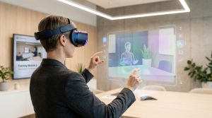 Une personne porte un casque de réalité virtuelle et interagit avec une interface holographique d'avatar IA au bureau.