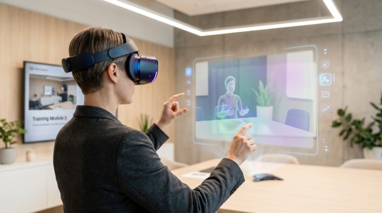Une personne porte un casque de réalité virtuelle et interagit avec une interface holographique d'avatar IA au bureau.