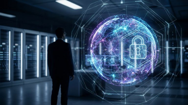 Un homme en costume observe une sphère numérique représentant la Terre avec un cadenas, symbolisant la cybersécurité.