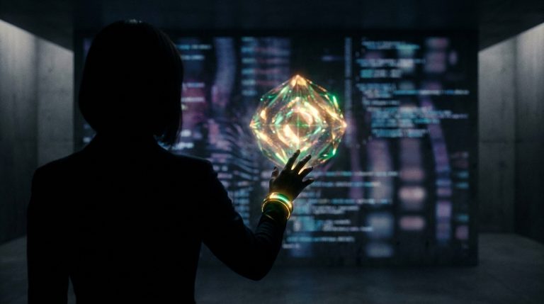 Une personne face à un écran de code holographique interactif.