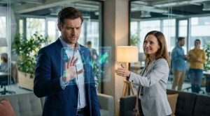Un homme en costume hésite devant une interface holographique tandis qu'une collègue l'encourage dans un bureau moderne.