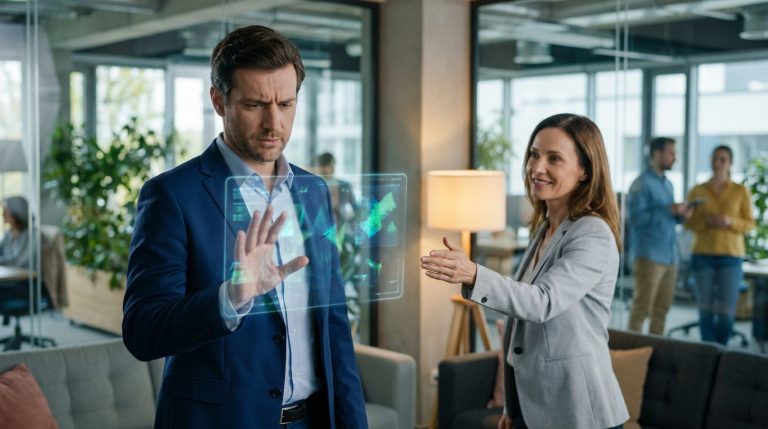 Un homme en costume hésite devant une interface holographique tandis qu'une collègue l'encourage dans un bureau moderne.