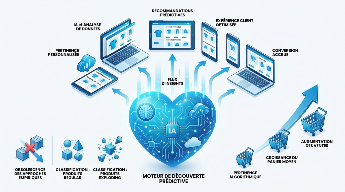 Schéma illustrant l'usage de l'intelligence artificielle pour la découverte de produits et l'optimisation des performances e-commerce