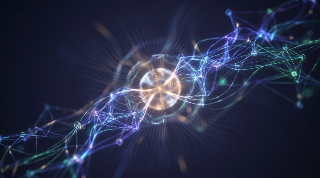 Réseau numérique abstrait avec des lignes lumineuses et des nœuds interconnectés sur fond sombre.