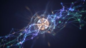 Réseau numérique abstrait avec des lignes lumineuses et des nœuds interconnectés sur fond sombre.