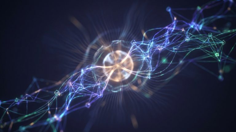 Réseau numérique abstrait avec des lignes lumineuses et des nœuds interconnectés sur fond sombre.