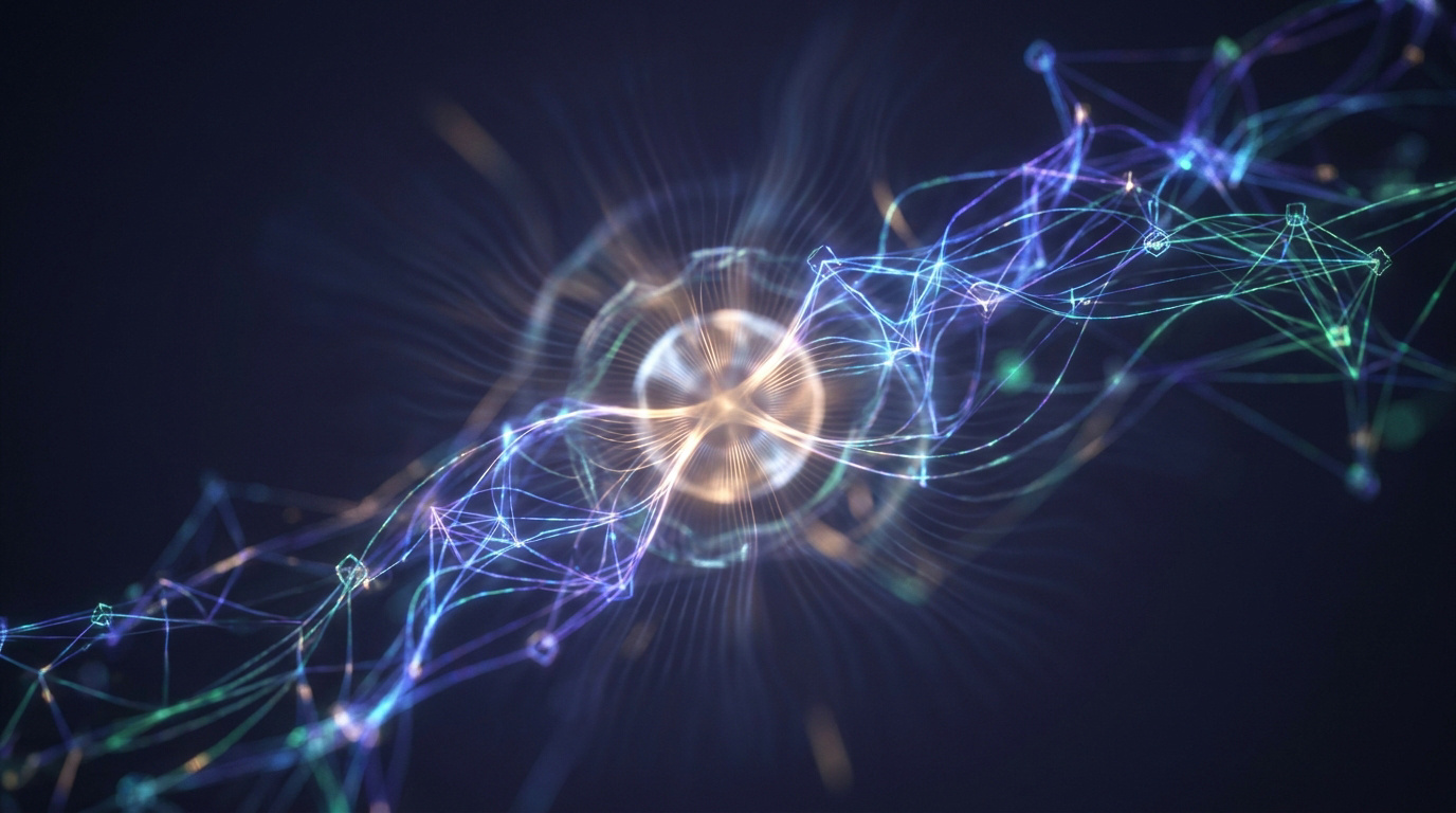 Réseau numérique abstrait avec des lignes lumineuses et des nœuds interconnectés sur fond sombre.