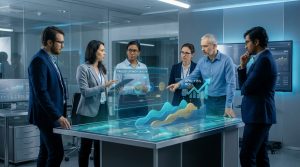 Une équipe de professionnels analysant un flux de processus et des graphiques holographiques sur une table interactive.