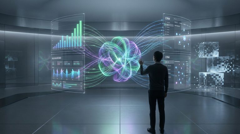 Un professionnel interagissant avec des écrans holographiques de données CRM et IA dans un environnement futuriste.