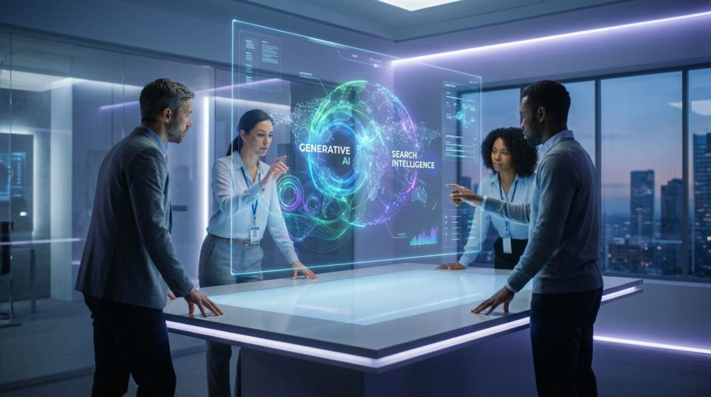 Équipe marketing travaillant sur une interface holographique futuriste représentant l'IA générative et la recherche globale.