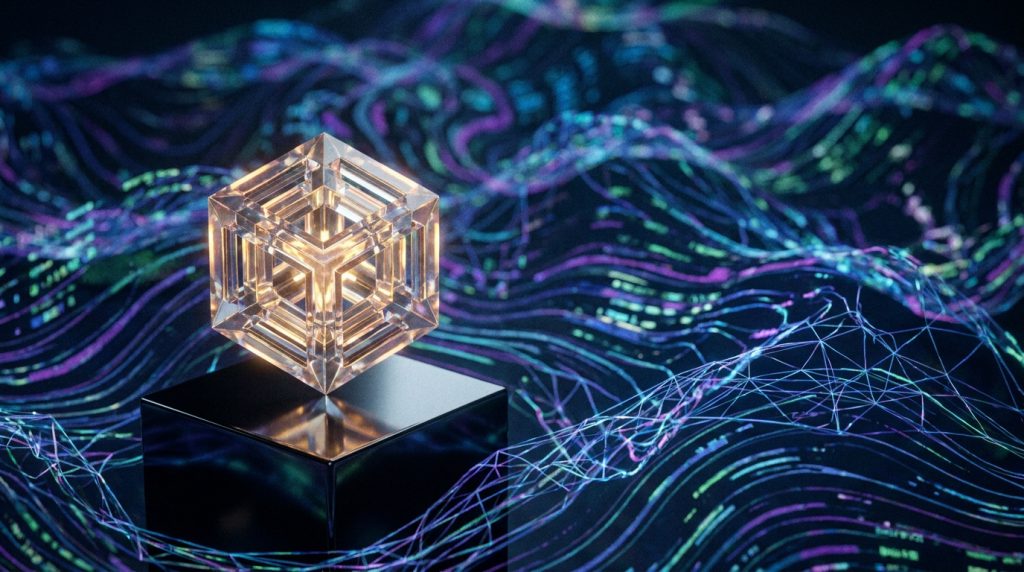 Un cube de verre lumineux posé sur un socle noir au milieu de lignes de données abstraites bleues et violettes.