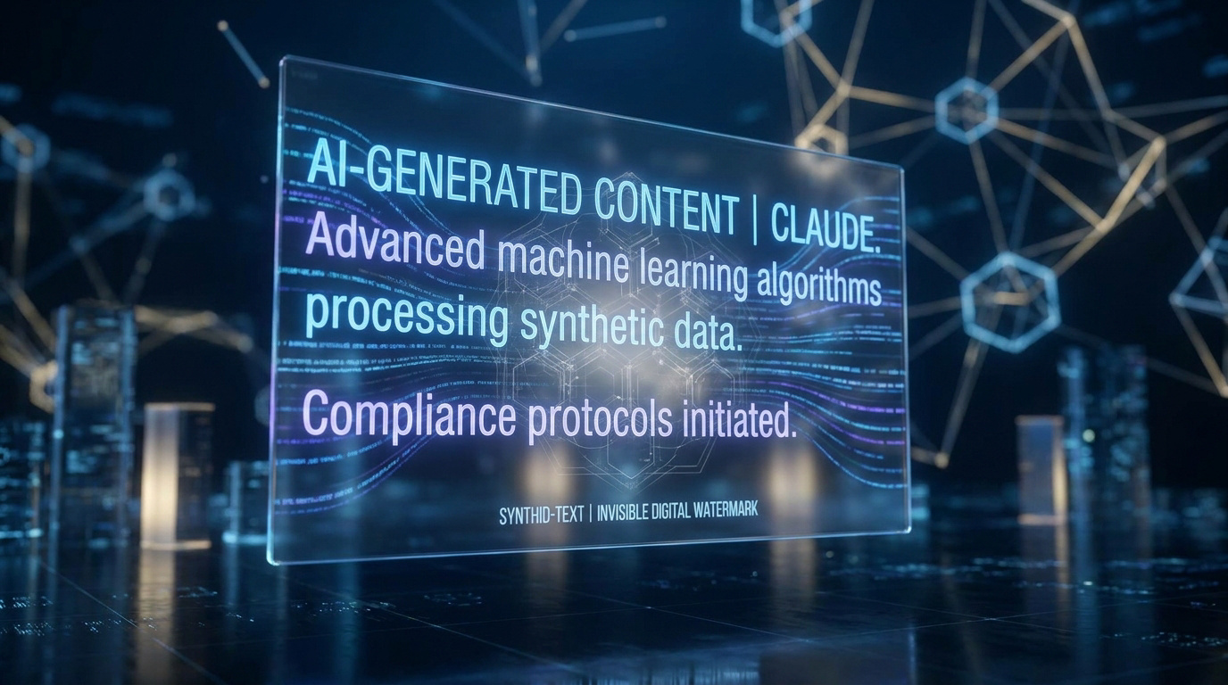Panneau numérique flottant affichant "AI-Generated Content | Claude" dans un environnement cybernétique abstrait.