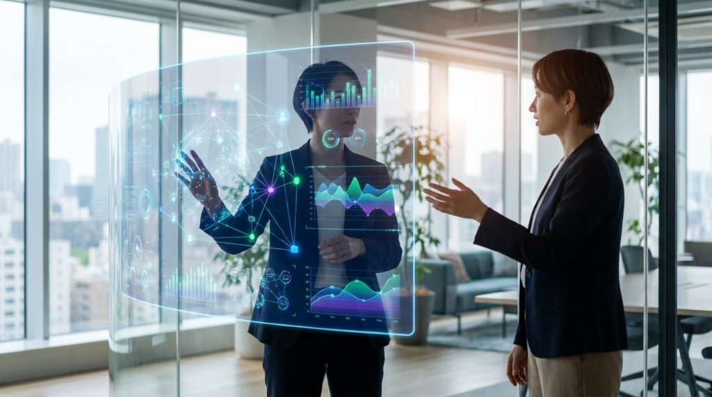 Deux professionnelles analysent des données interactives sur un écran transparent dans un bureau moderne et lumineux.